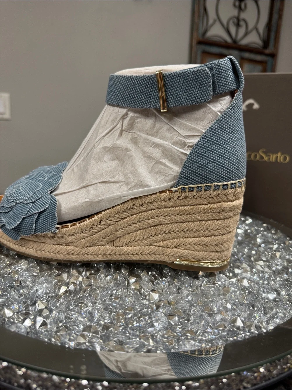 Franco Sarto clemens denim Blue Espadrille Wedge Sandals with Floral Toe NEW 9